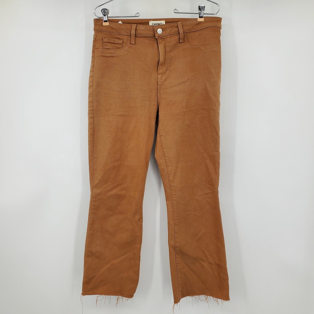 L'AGENCE Kendra High Rise Cropped Flare Jeans Java Coated Brown Size 31 Raw Hem